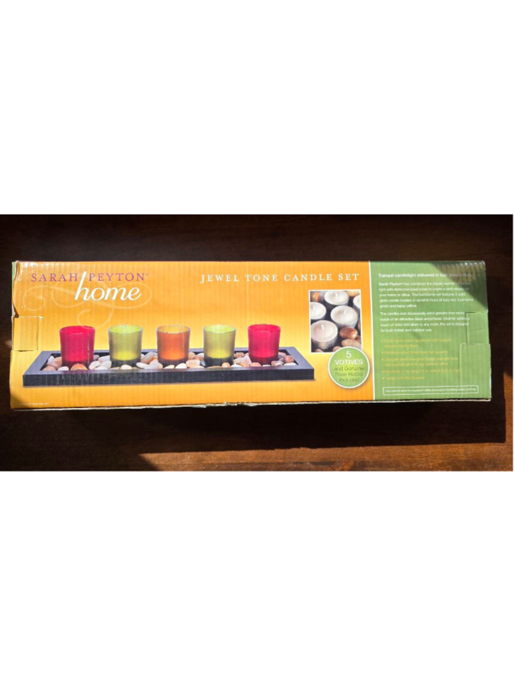 Sarah Peyton Jewel Tone Candle Set with Wooden Base & River Rocks One Size